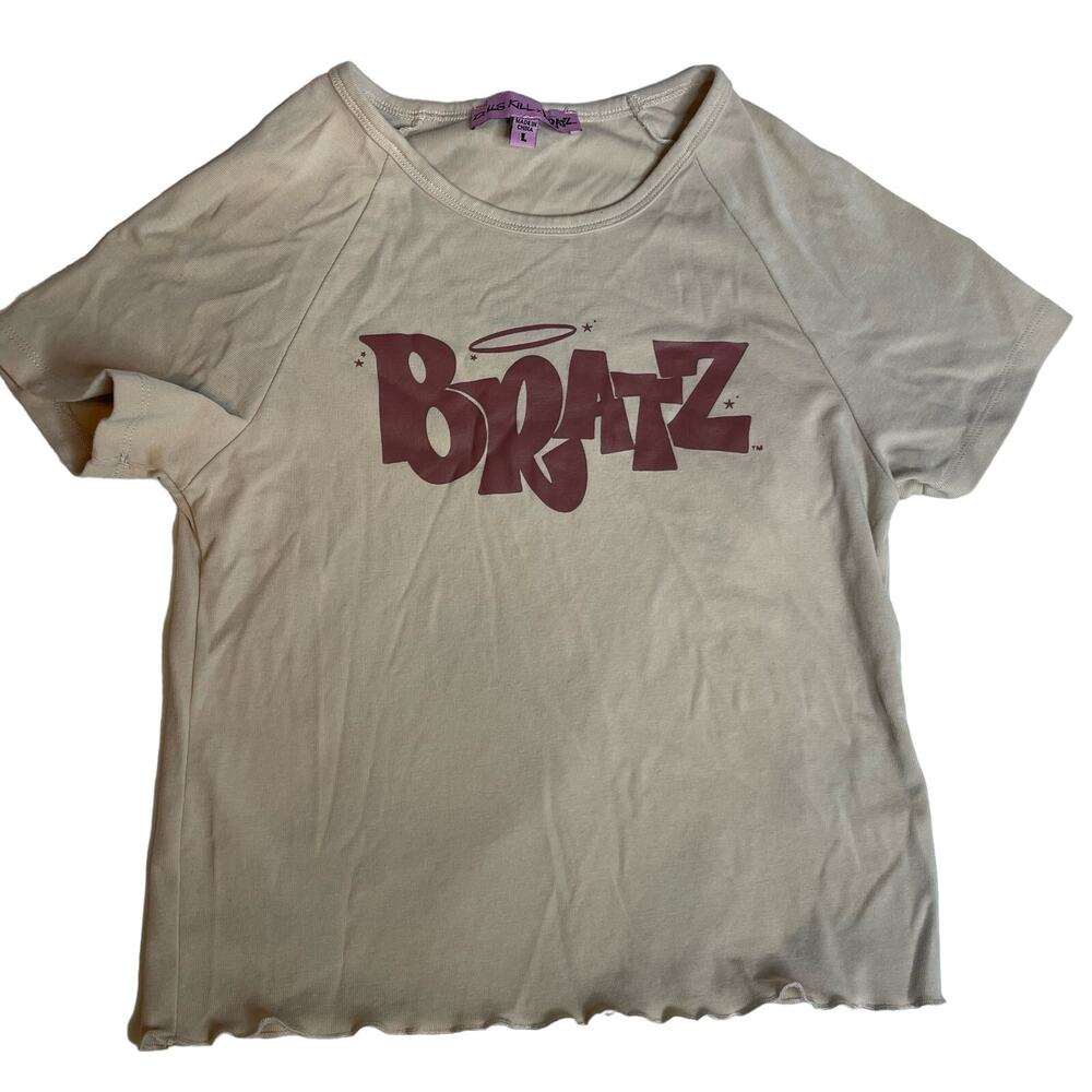 DOLLSKILL X BRATZ Cream Tan Lettuce Hem Cropped Tee Shirt Large Y2K